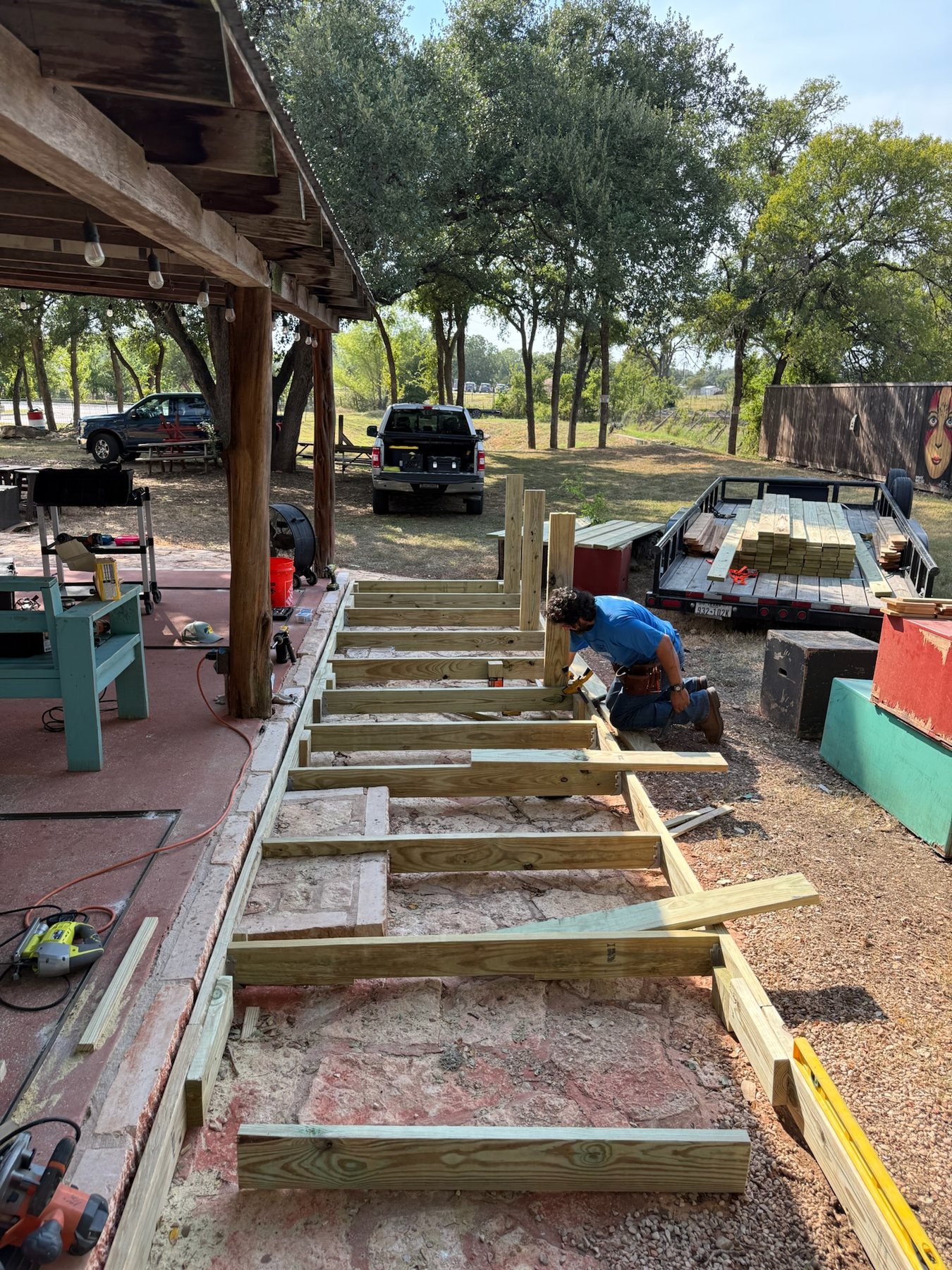 Deck framing beside the covered shuffleboard court at Bouldin Acres