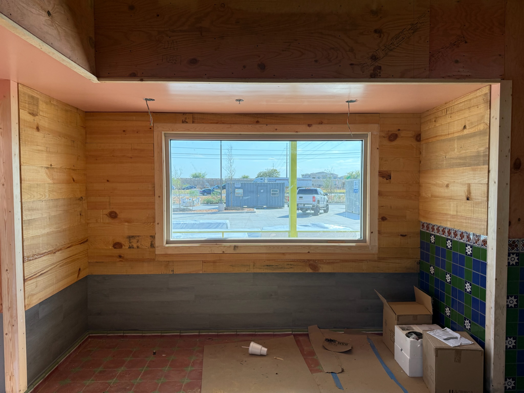 Completed wood-lined interior room at Chuy's
