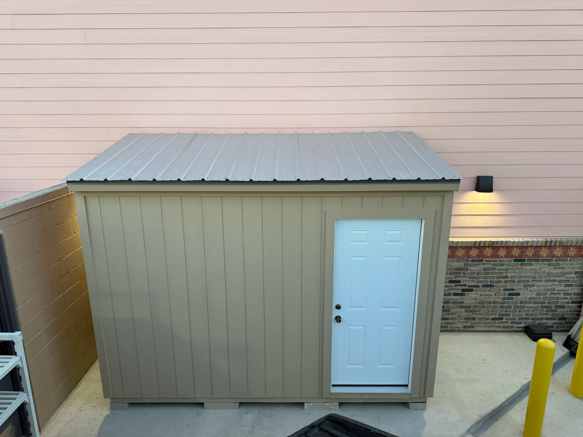 Completed exterior of the custom Chuy's storage shed