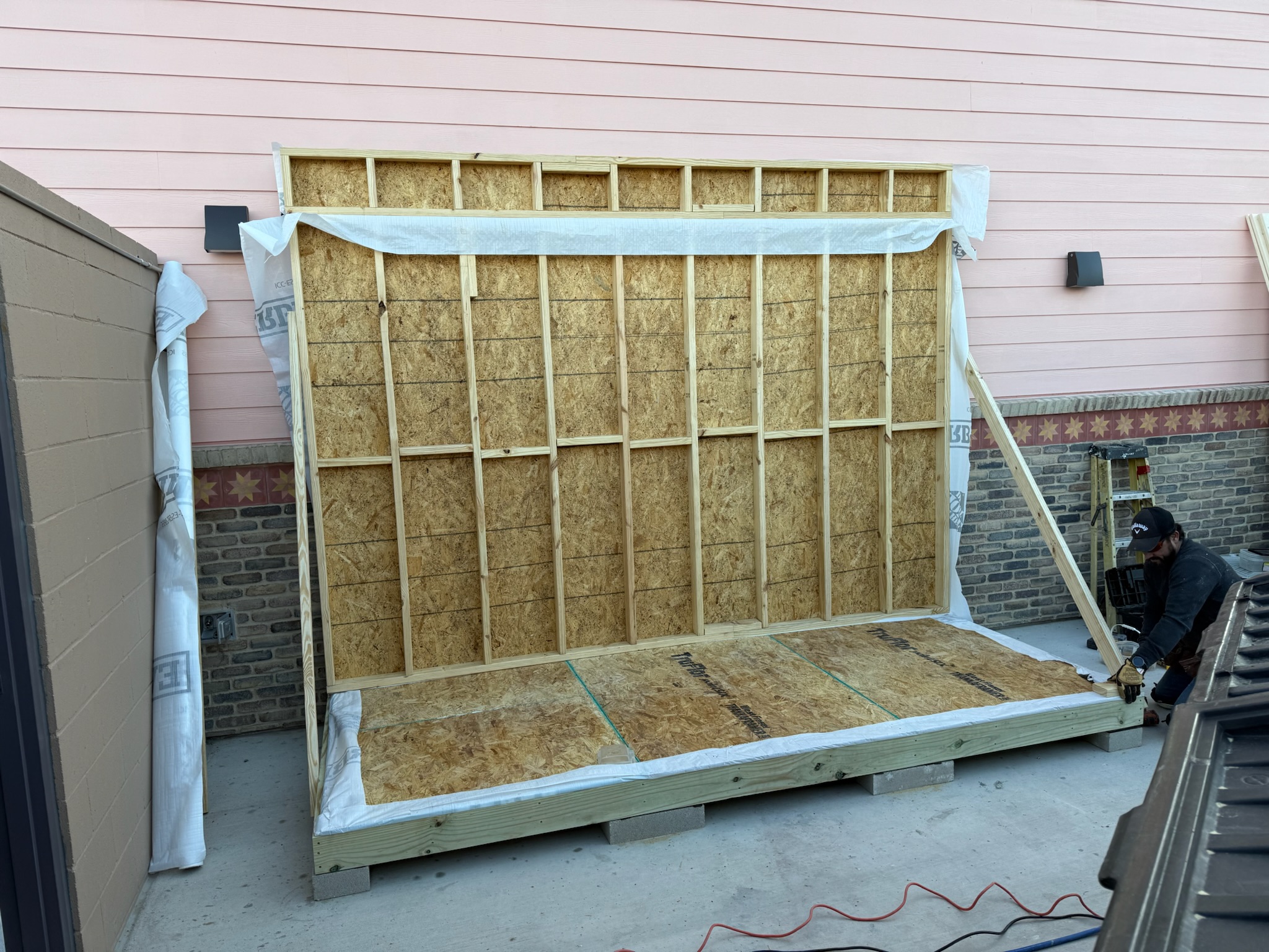 Wall assembly for the custom Chuy's storage shed