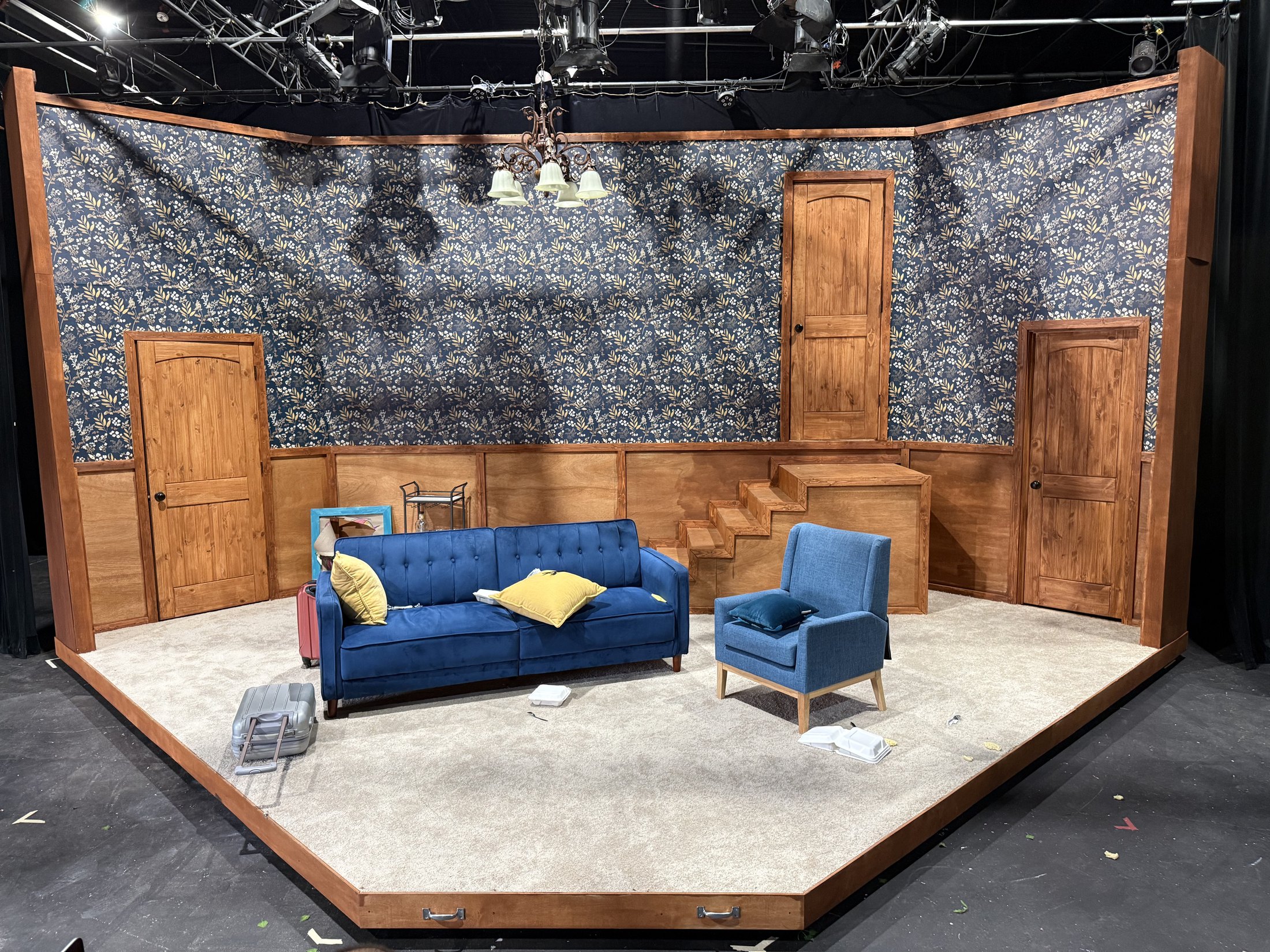 Finished Private Lives apartment set at Ground Floor Theatre